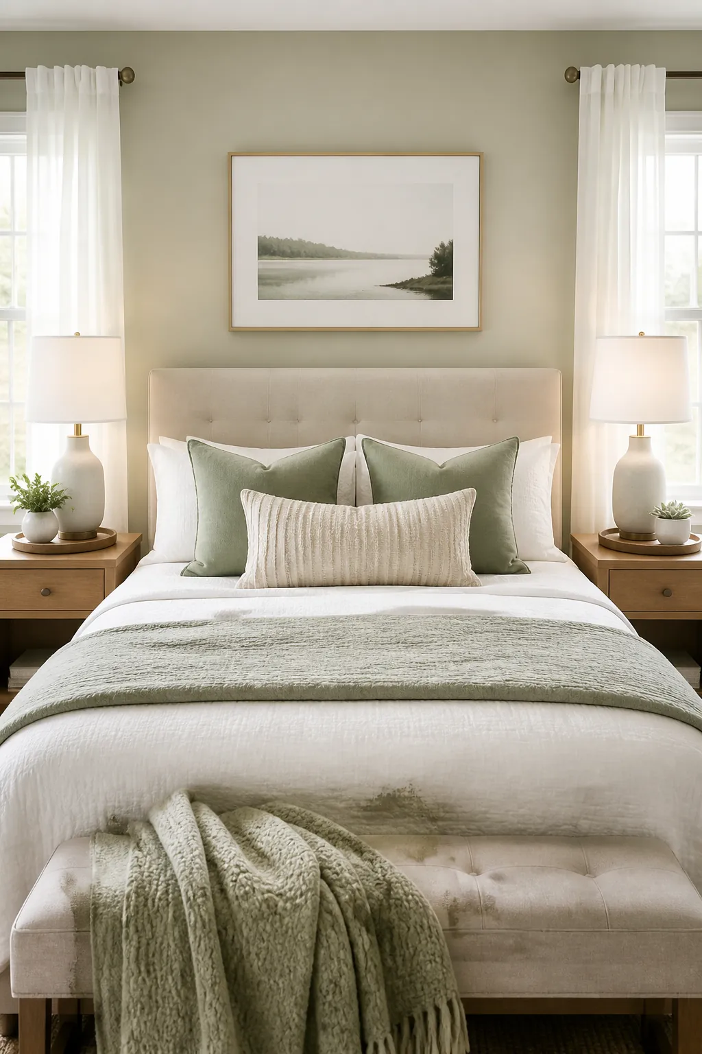 Two nightstands with a small tray on each surface marking a boundary for each person