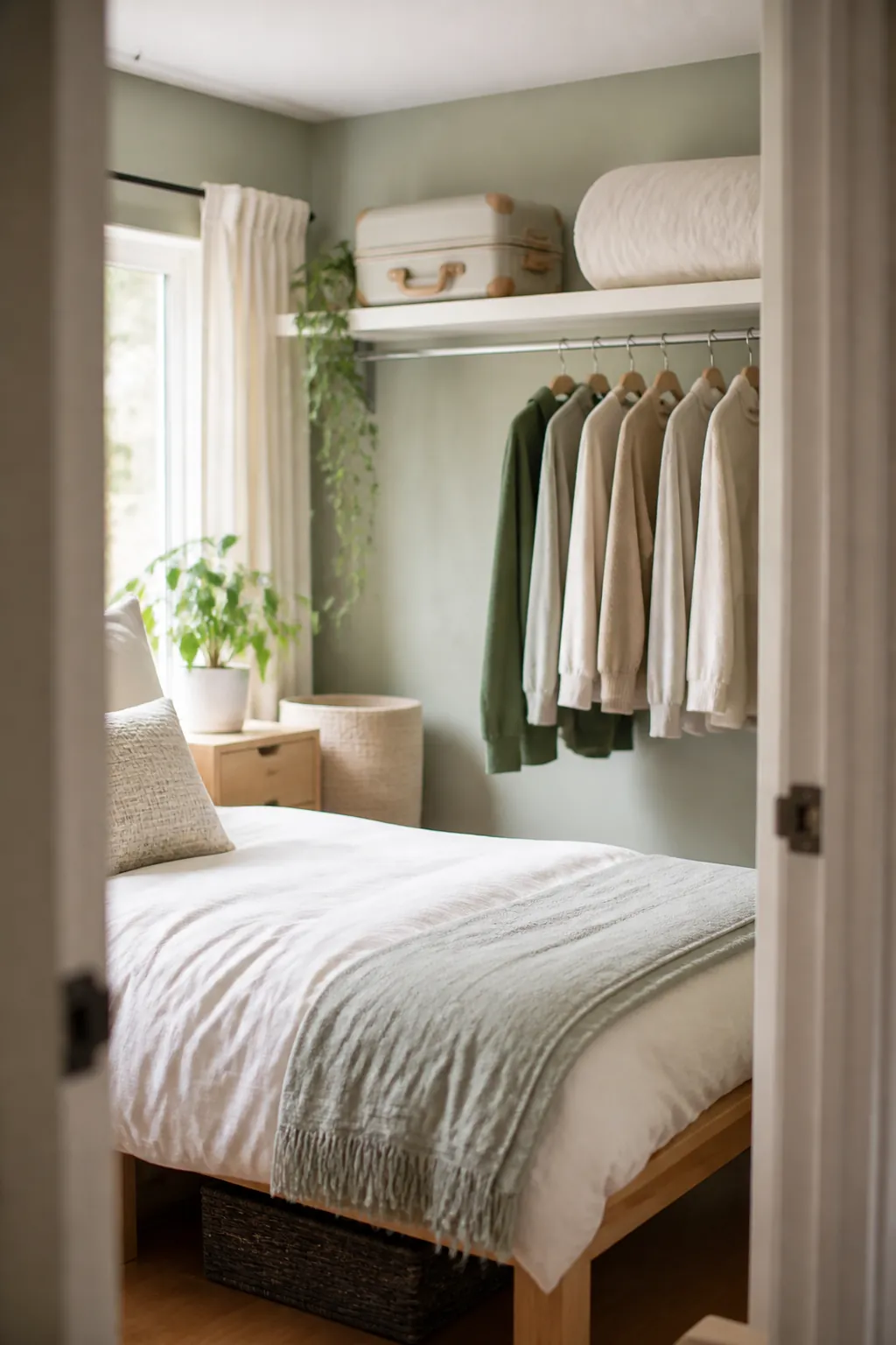 A suitcase and spare duvet stored together on a high shelf marked as shared items
