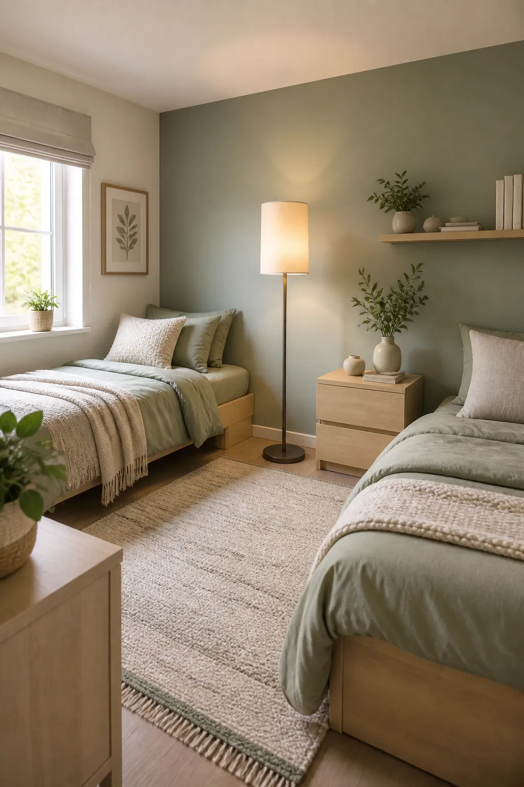 A rug edge and a floor lamp forming a visual centre line across a small shared bedroom