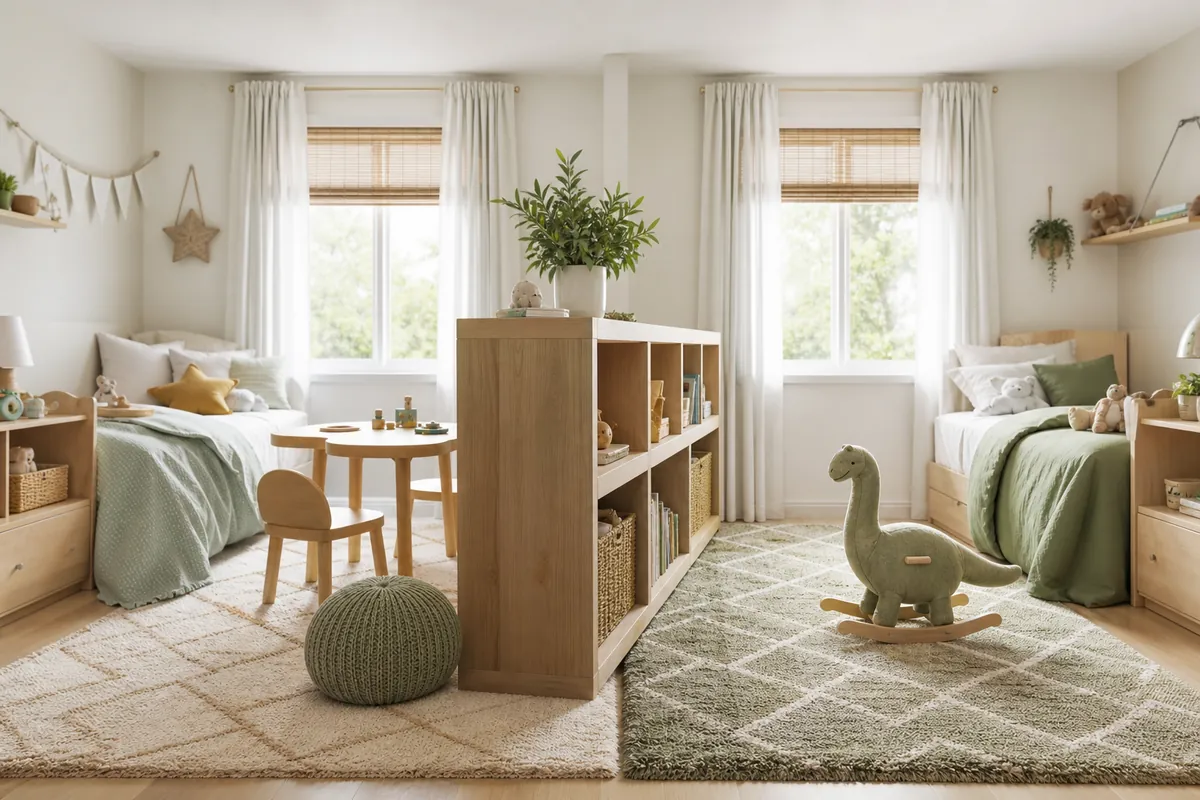 A shared kids room divided into two mirrored zones by a rug and a low shelf unit between the beds