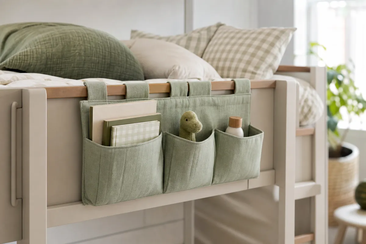 A bedside caddy hooked over a bunk bed rail holding books and small items within reach of the pillow