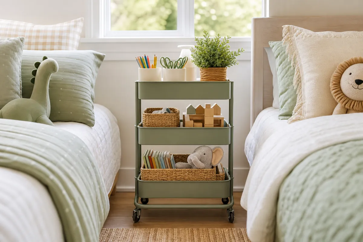 A rolling cart between two children's beds holding sorted supplies on its tiers so it can move where it is needed