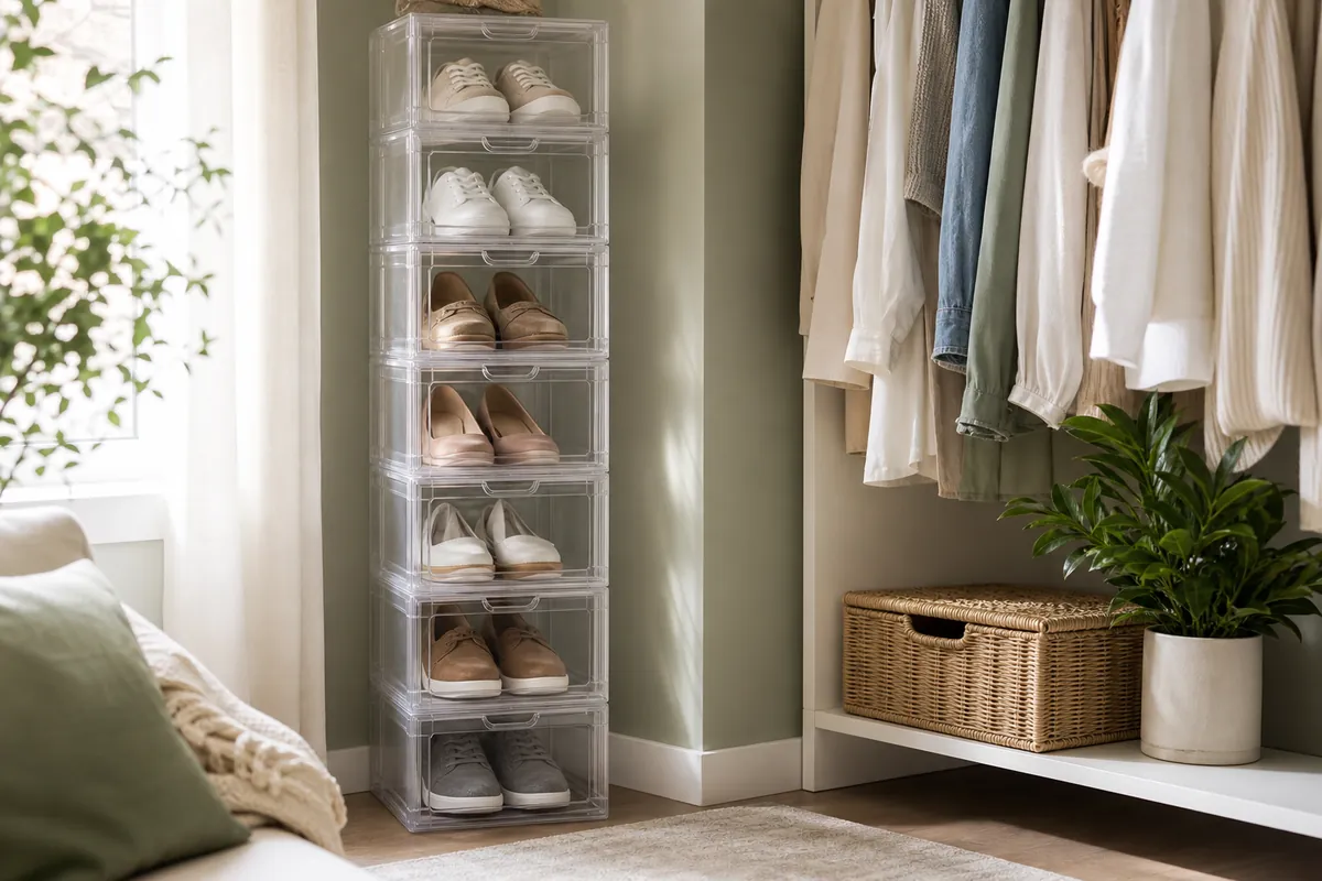 Clear stackable shoe boxes built into a vertical column with each pair visible through the transparent front