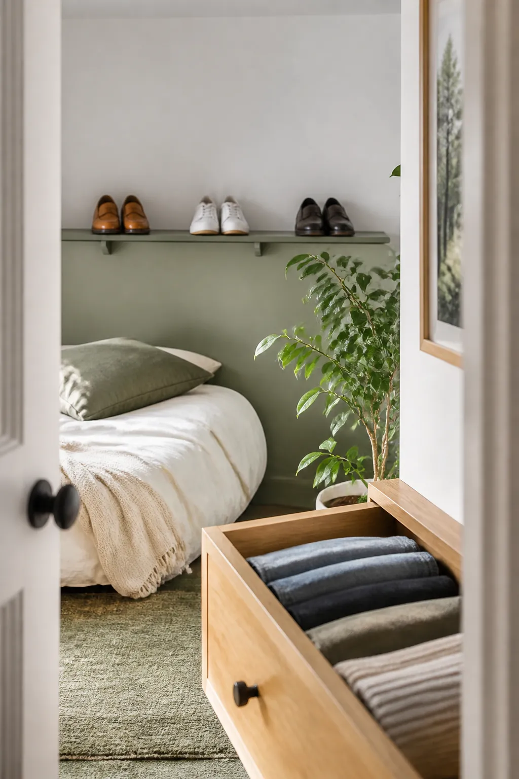 A narrow picture-ledge shelf mounted high on a wall displaying three pairs of good shoes