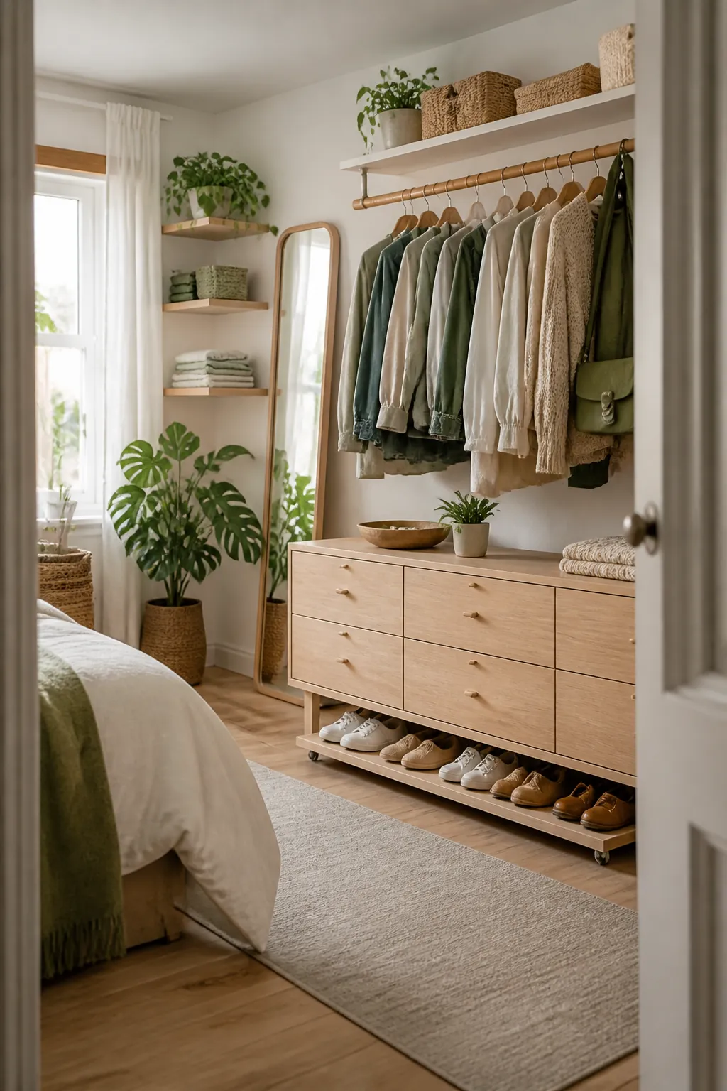 A slim rolling tray of shoes sliding into the clearance beneath a low dresser