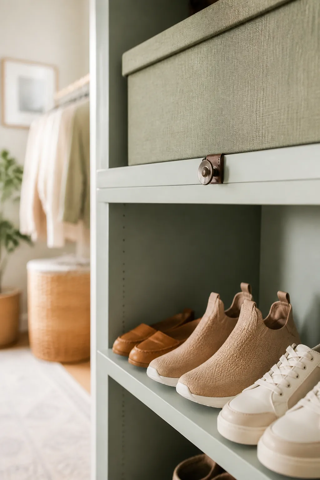 Current-season shoes in a cubby with a lidded box of off-season pairs on the shelf above