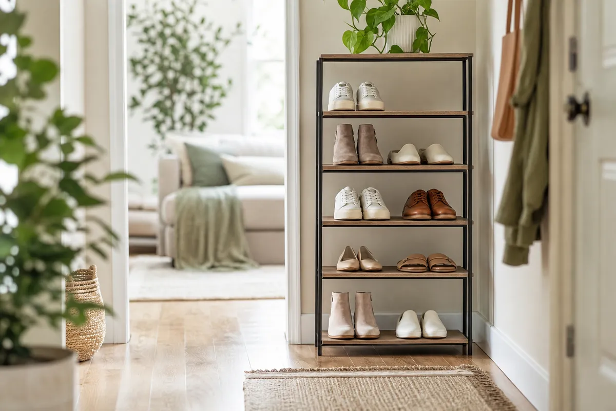 A narrow freestanding shoe rack against an entryway wall holding rows of shoes without blocking the walkway