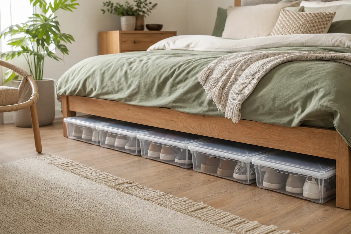 Shallow shoe containers slid under a bed with lids on and pairs sorted inside them