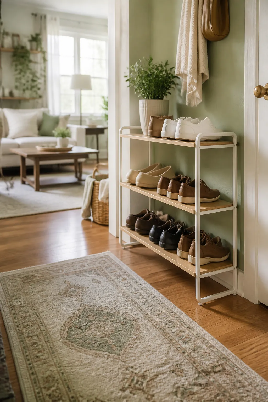 A narrow three-tier shoe rack against an entryway wall with the walkway beside it clear