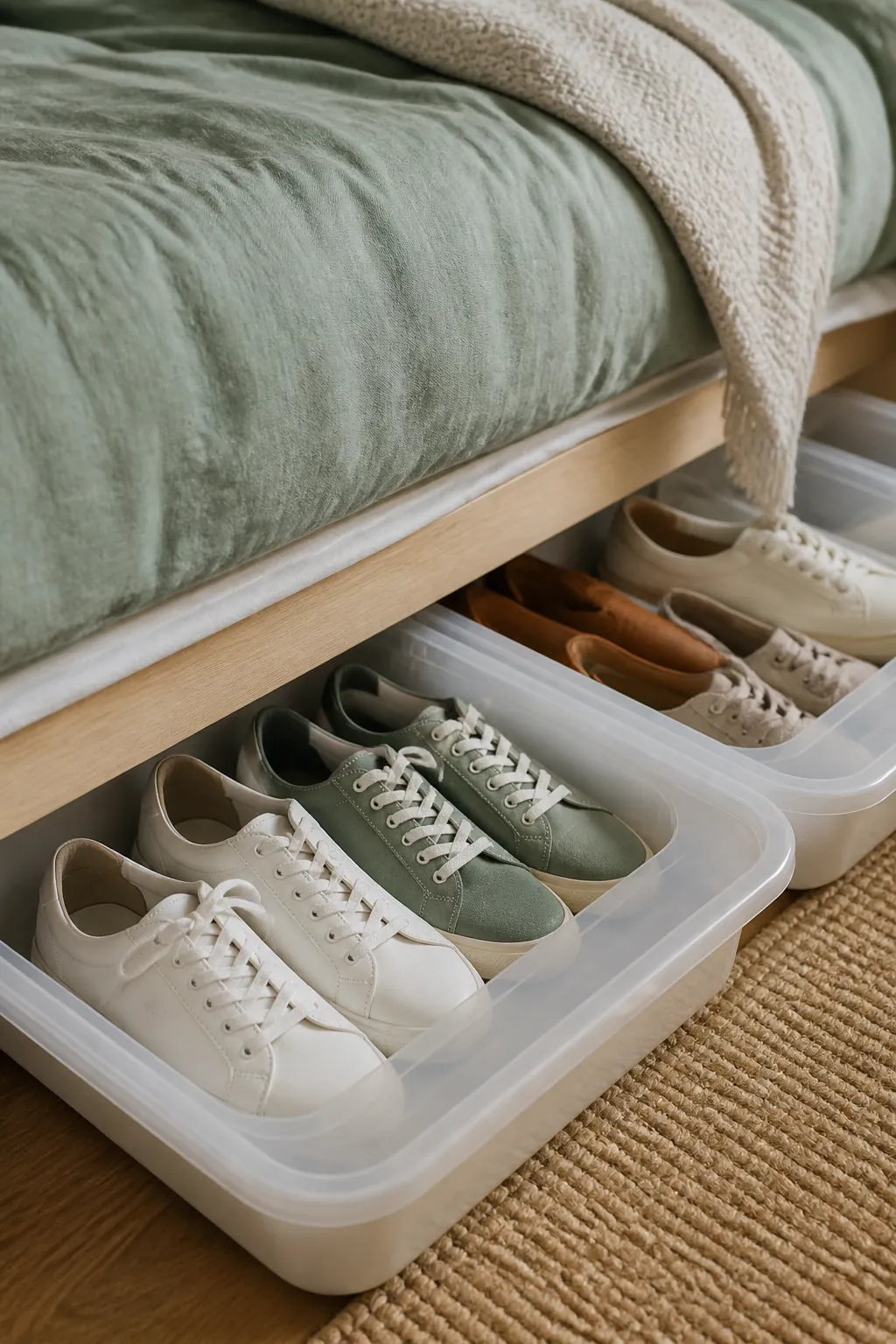 Two shallow lidded shoe containers pulled out from under a bed with pairs sorted inside