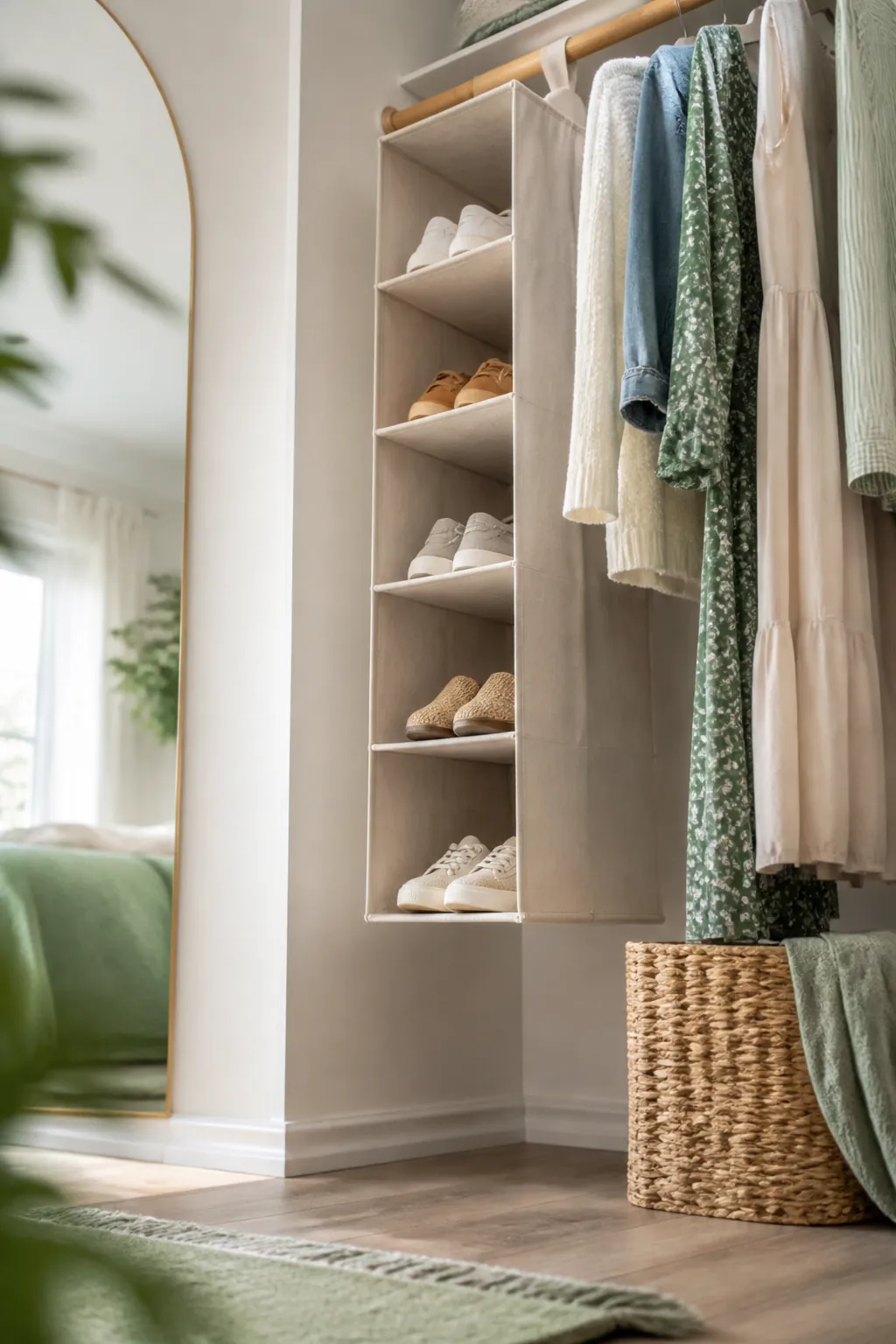 A hanging fabric shoe shelf with six cubbies clipped to a closet rod beside hanging clothes