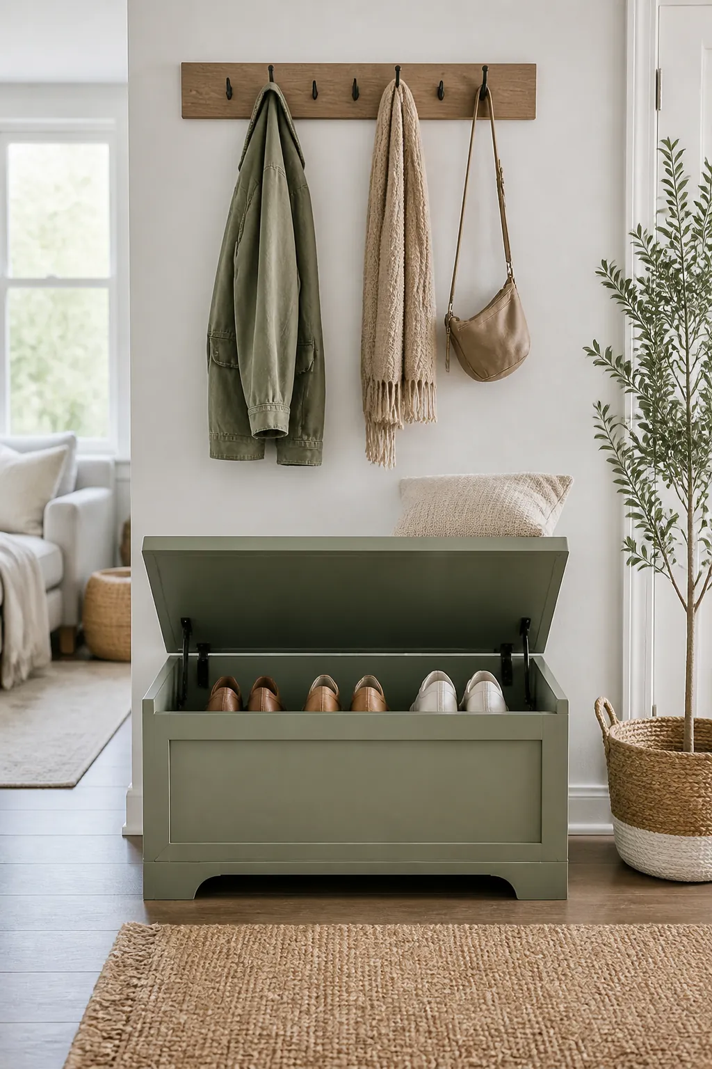 A lift-top entryway bench with its lid raised showing shoes stored in the compartment below