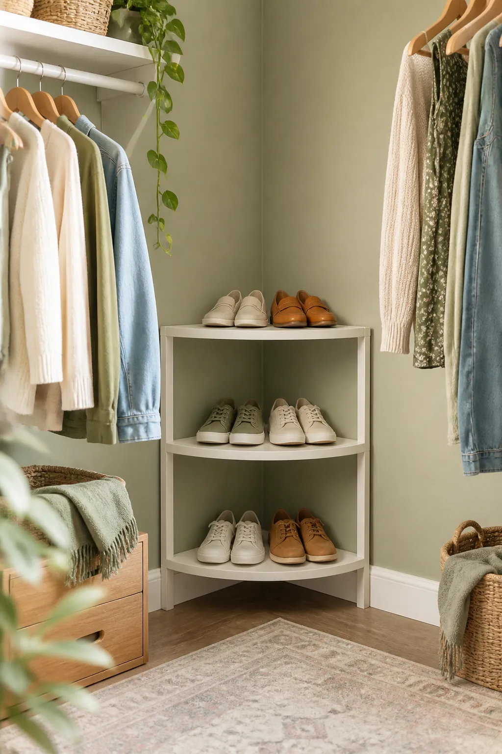 A three-tier triangular shelf unit fitted into a closet corner with shoes on each tier