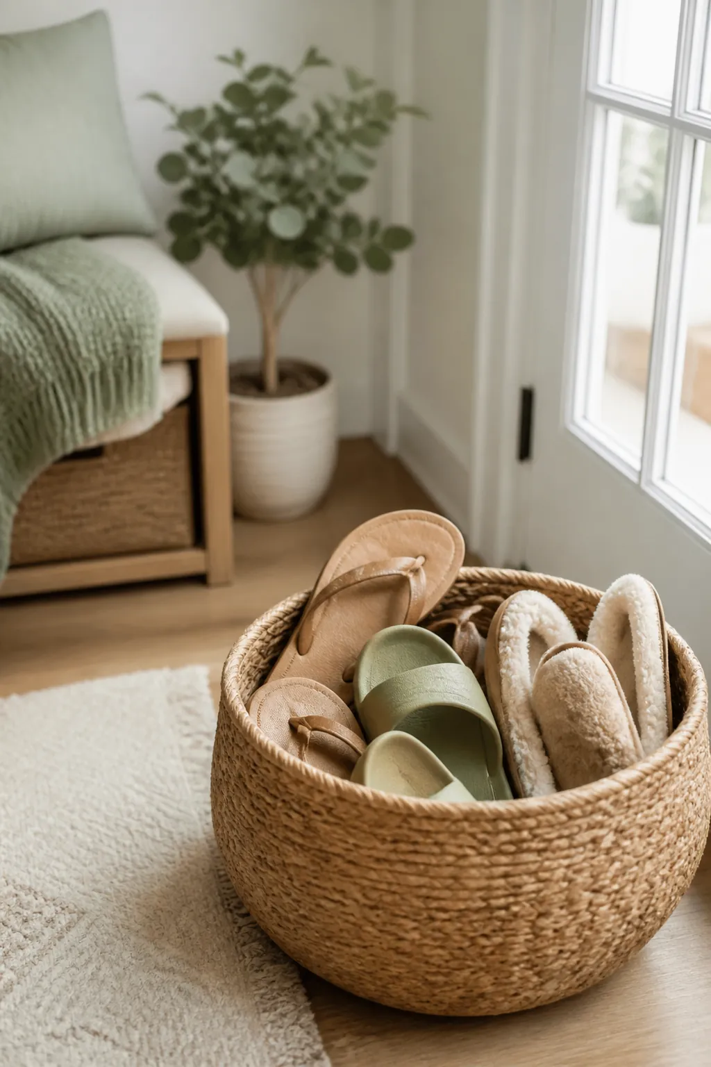 A round woven basket by a door holding flip-flops, pool slides and slippers tossed in loose