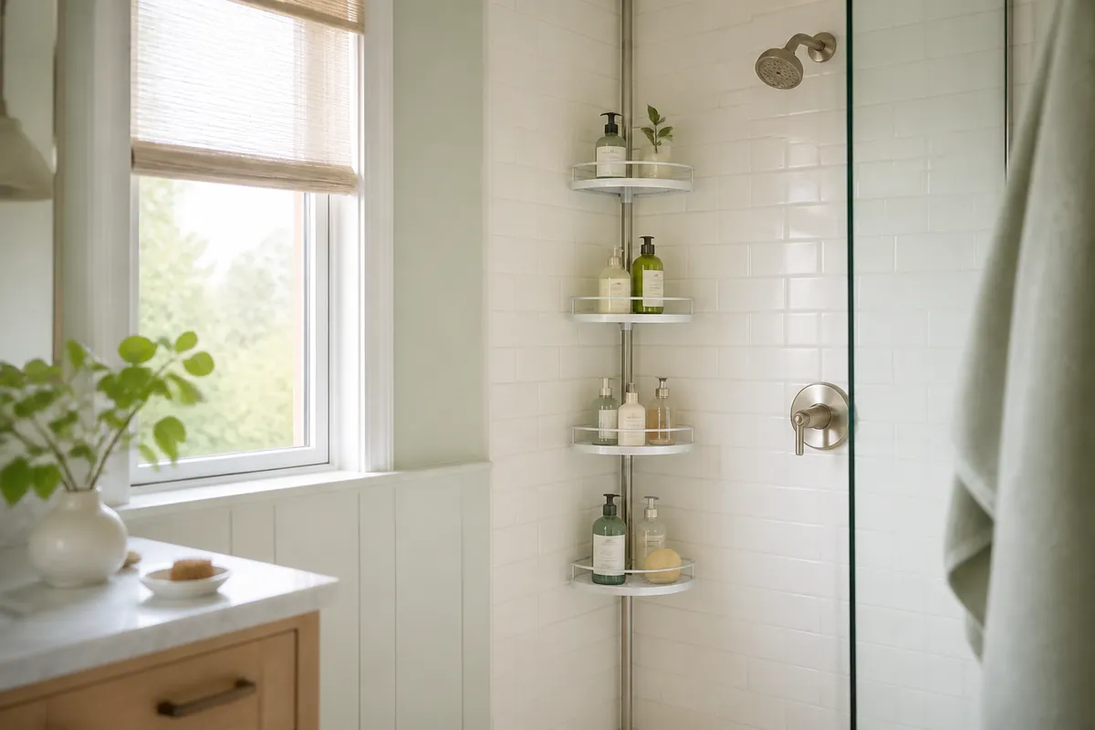 A four-tier tension pole shower caddy braced in the corner of a tiled shower holding bottles