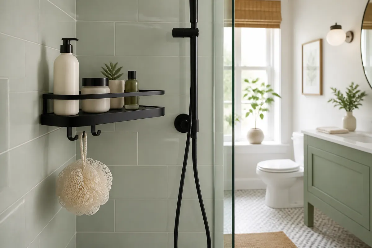 A black adhesive corner shower shelf on flat tile with hooks underneath holding a loofah