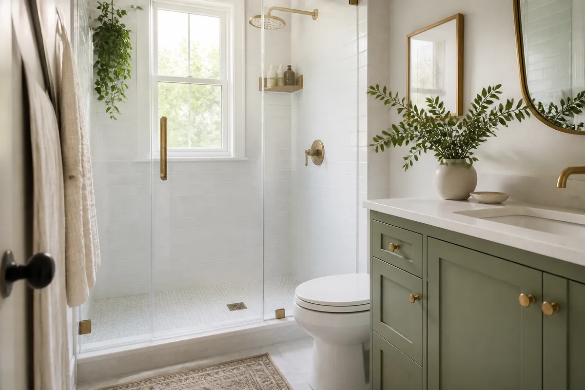 A clear shower floor with all bottles lifted onto a corner rack above