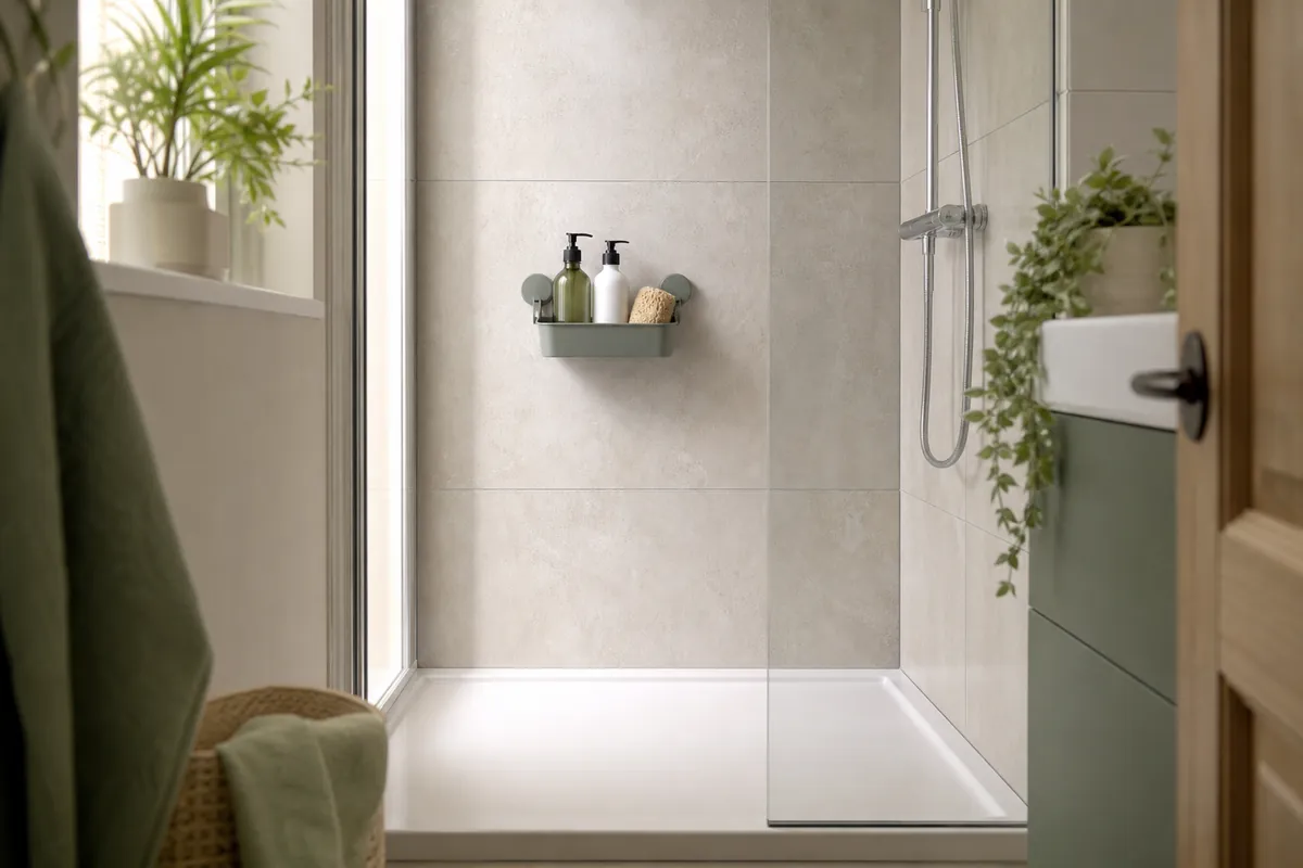 A suction caddy at chest height on smooth tile holding two bottles, the shower tray floor empty