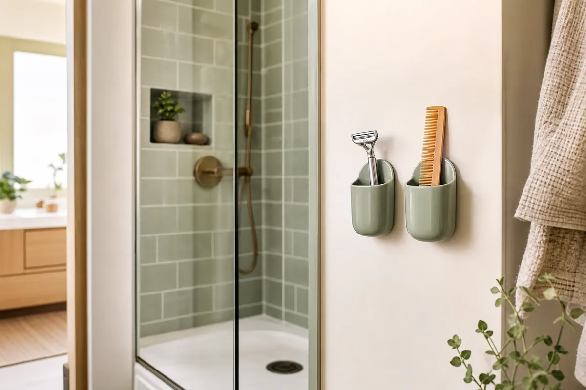 Adhesive wall cups on the dry wall beside a shower holding a razor and a comb