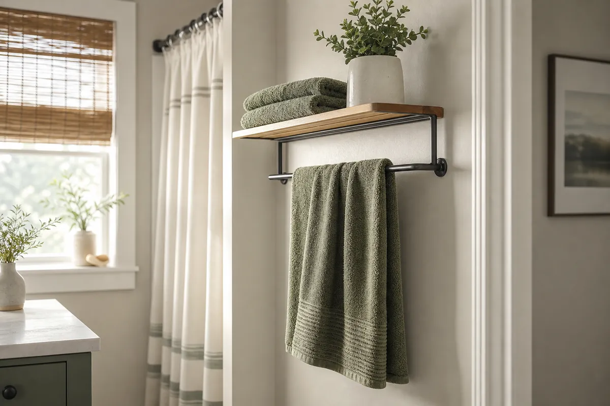 A wall mounted towel rack with a folded spare towel on the shelf above, on the dry wall of a small bathroom