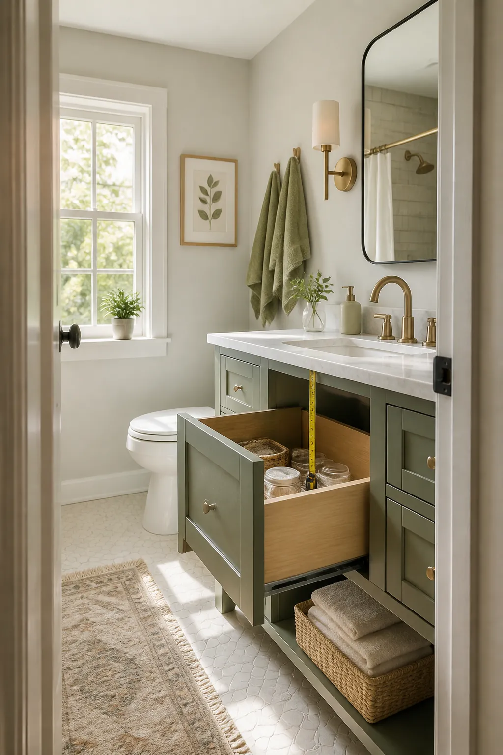 A tape measure held upright inside an open bathroom drawer measuring the vertical clearance to the countertop.