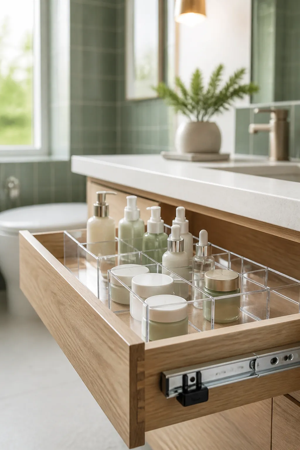 Skincare pump bottles and jars standing upright in the individual cells of a clear divided drawer organizer.