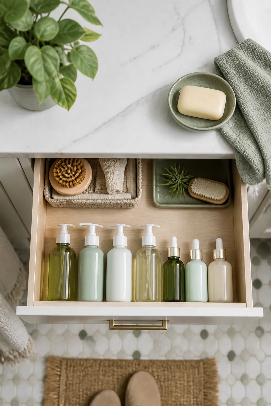 Pump and dropper skincare bottles lined up in a front row inside a drawer with clearance above each pump head.