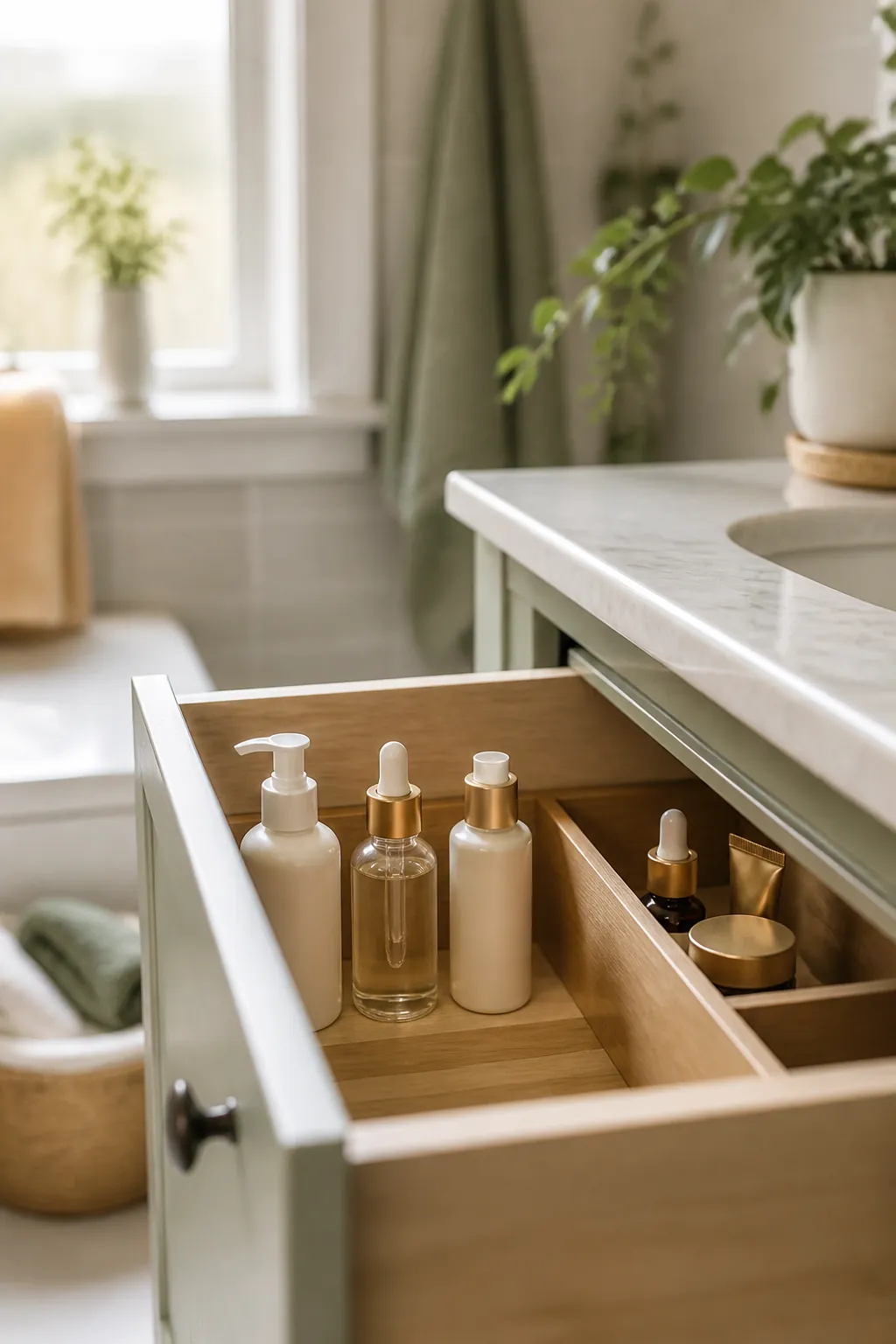 Two divided lanes in a bathroom drawer holding a morning skincare routine in one row and an evening set in the other.