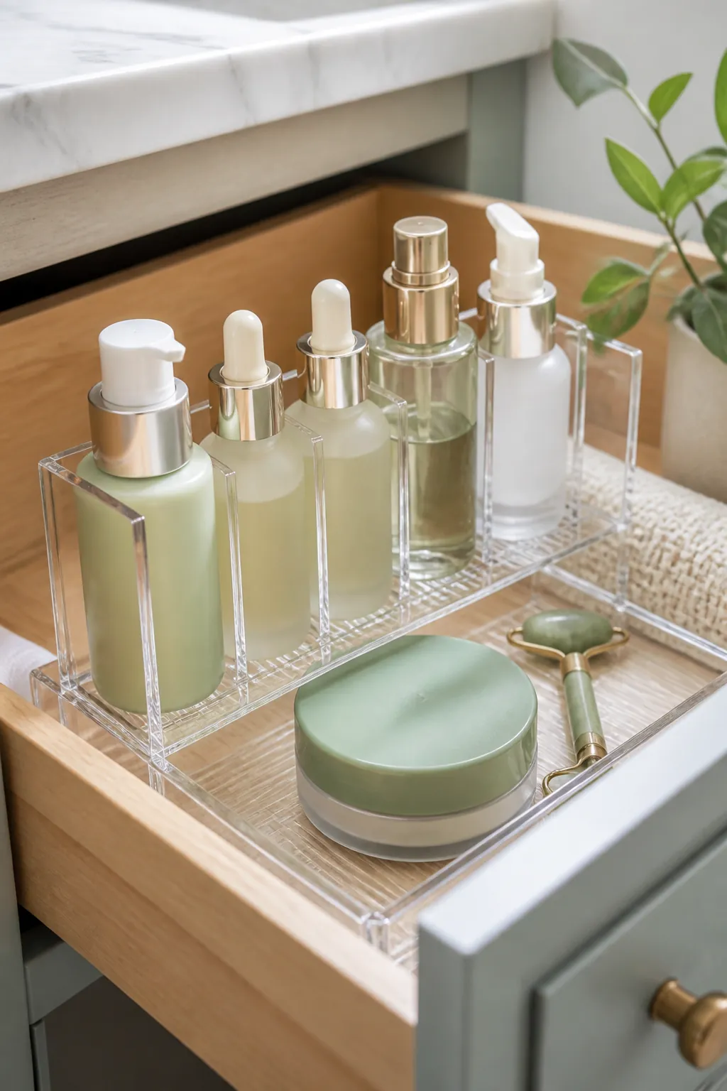 A tiered acrylic drawer organizer near the front of a drawer holding serum bottles and a flat compact jar.