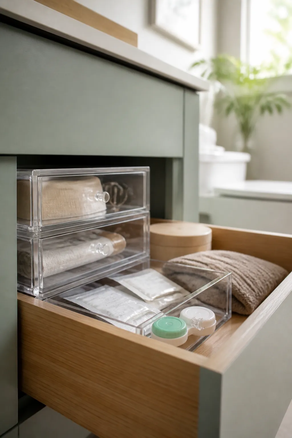 A clear stackable mini-drawer pulled open inside a bathroom drawer, holding sample sachets and a contact lens case.