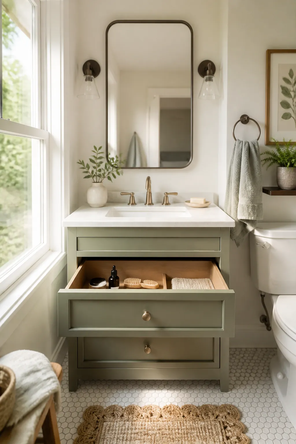 A retinol bottle positioned at the back of a bathroom drawer, away from the sunlit window-facing edge of the opening.