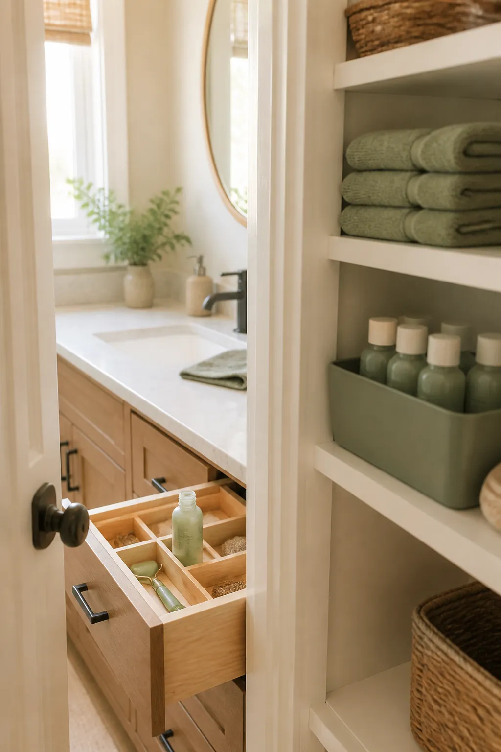 A single open skincare bottle in a bathroom drawer next to unopened backup bottles stored on a linen closet shelf.