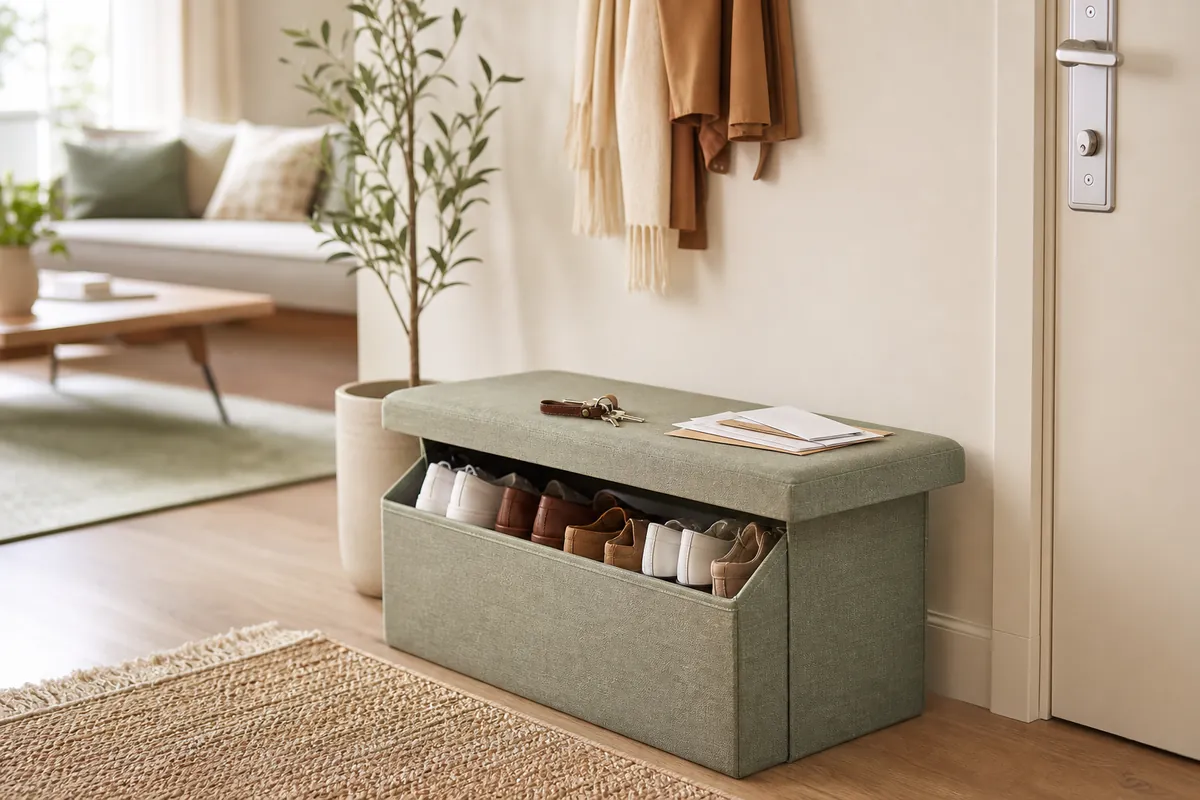 A folding fabric storage bench beside an apartment entrance holding shoes underneath, with keys and post on the seat above