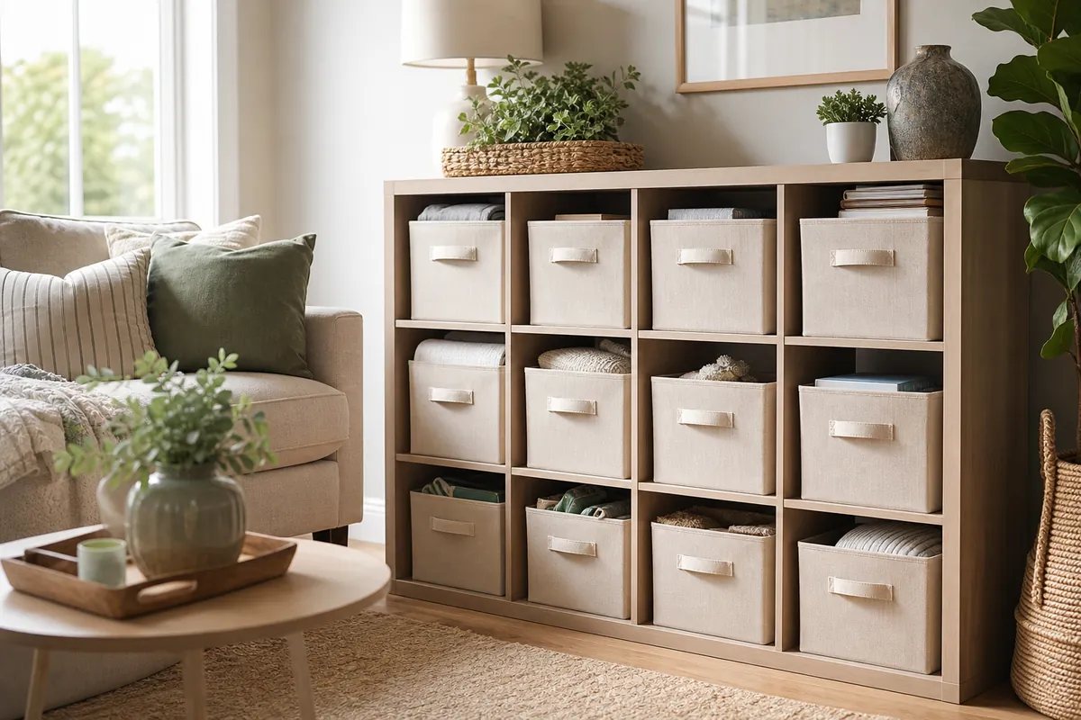 Matching cube bins in a shelf unit, each holding a single labelled category rather than mixed contents