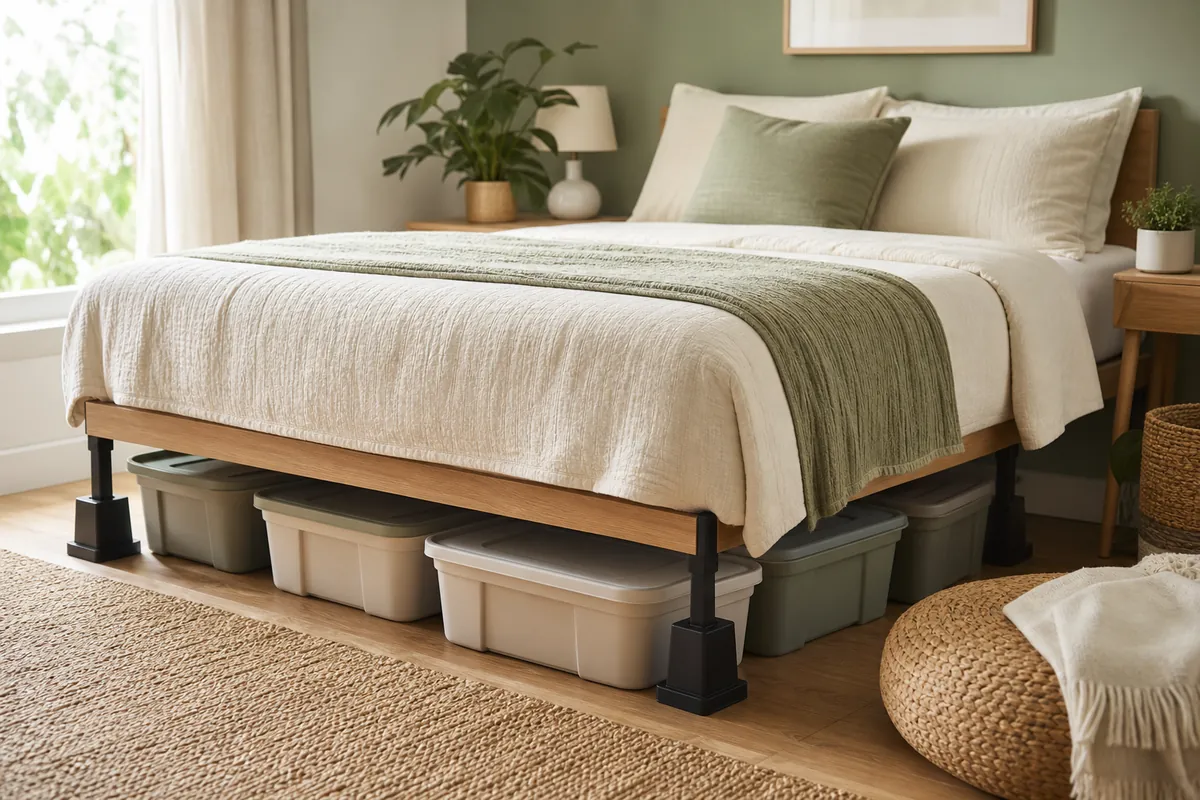 A bed raised on adjustable risers with labelled containers stored in the clearance underneath