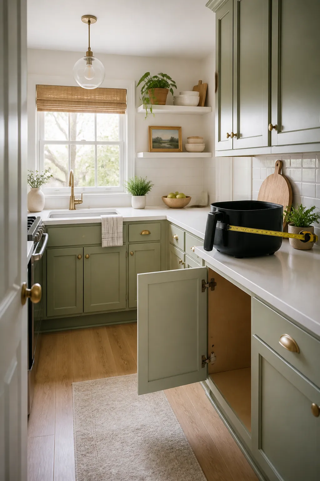 A tape measure laid across an air fryer basket on the counter beside an open, empty kitchen cabinet.