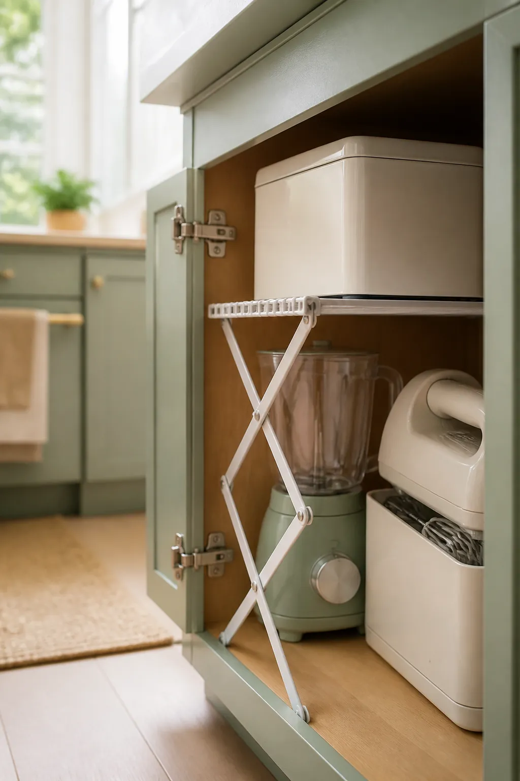 A metal shelf riser inside a kitchen cabinet holding a blender base below and a mixer case stacked on top.