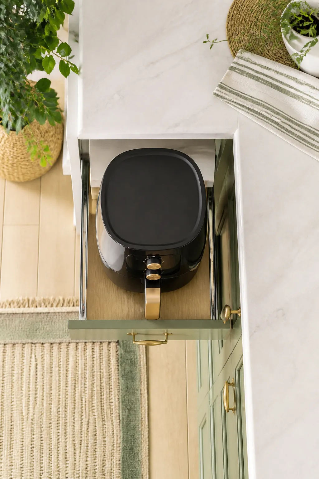 A pull-out cabinet tray extended forward from a lower cabinet, holding an air fryer at counter height.