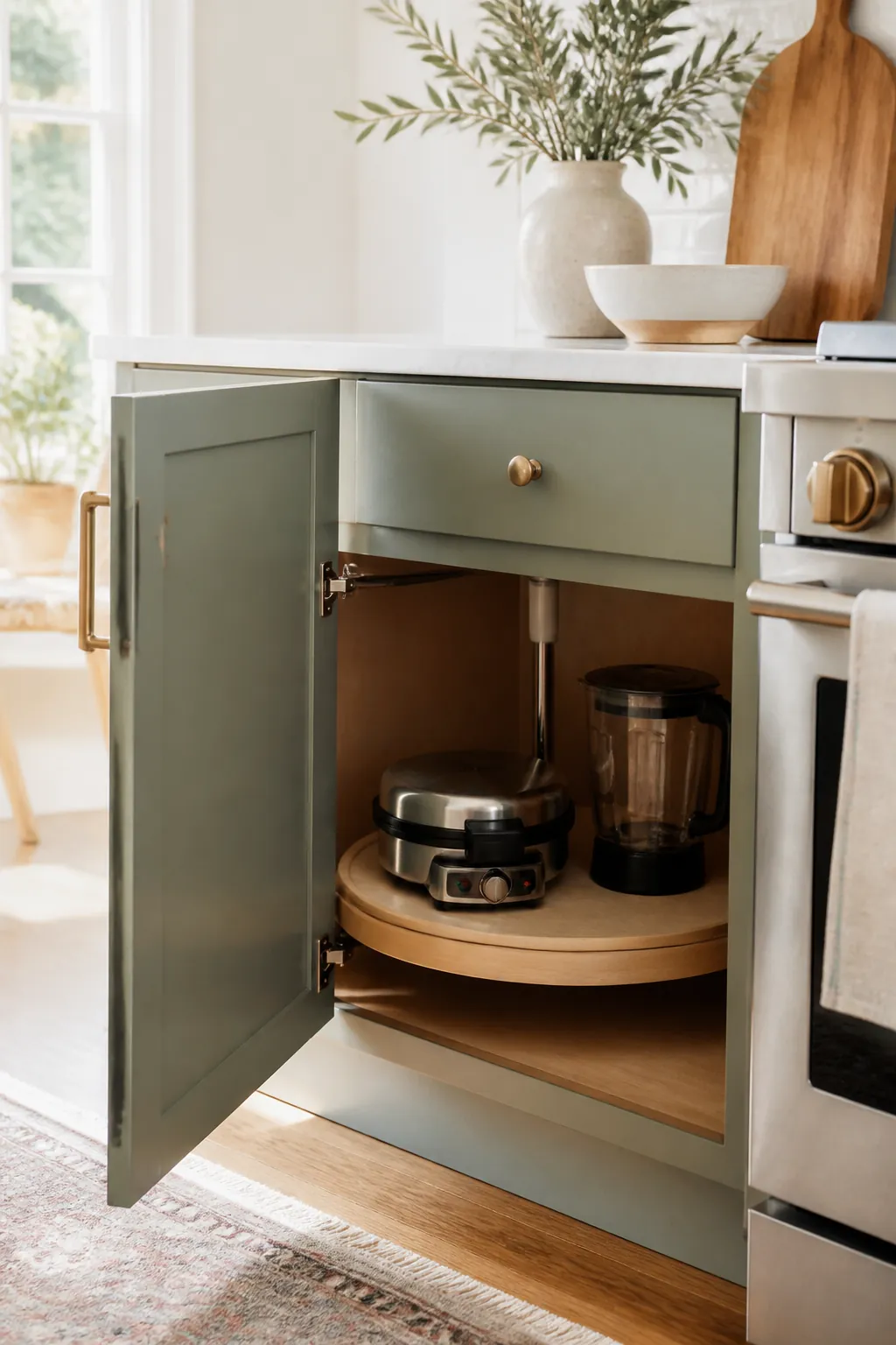 A round turntable shelf inside a corner cabinet holding a waffle iron and a blender jar.