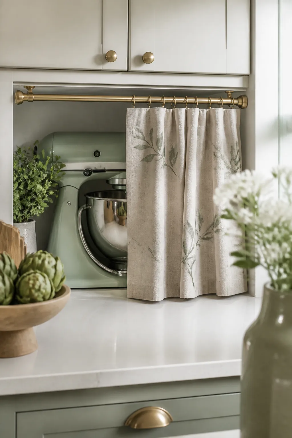 A stand mixer on the counter under upper cabinets, partly hidden behind a mounted curtain panel.