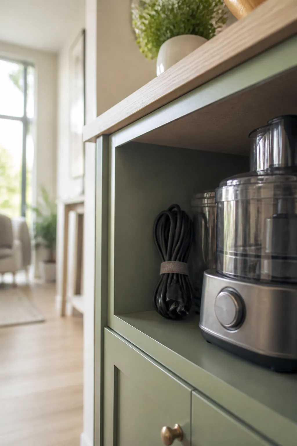 A coiled appliance cord secured with a strap next to a food processor base on a shelf.