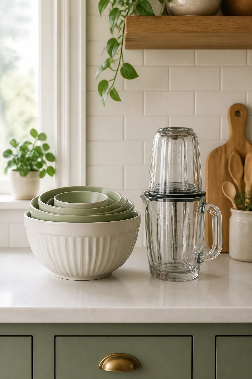 Nested mixing bowls of different sizes beside a blender jar stacked lid-down inside another jar.
