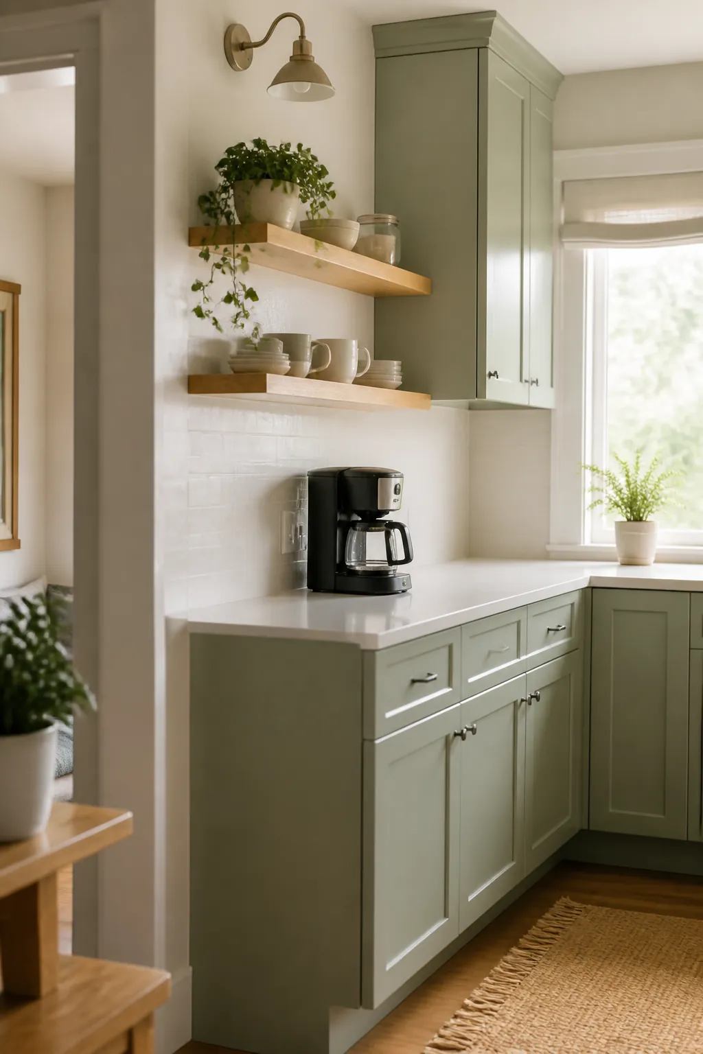 A single coffee maker standing alone on a clear kitchen counter with open space beside it.