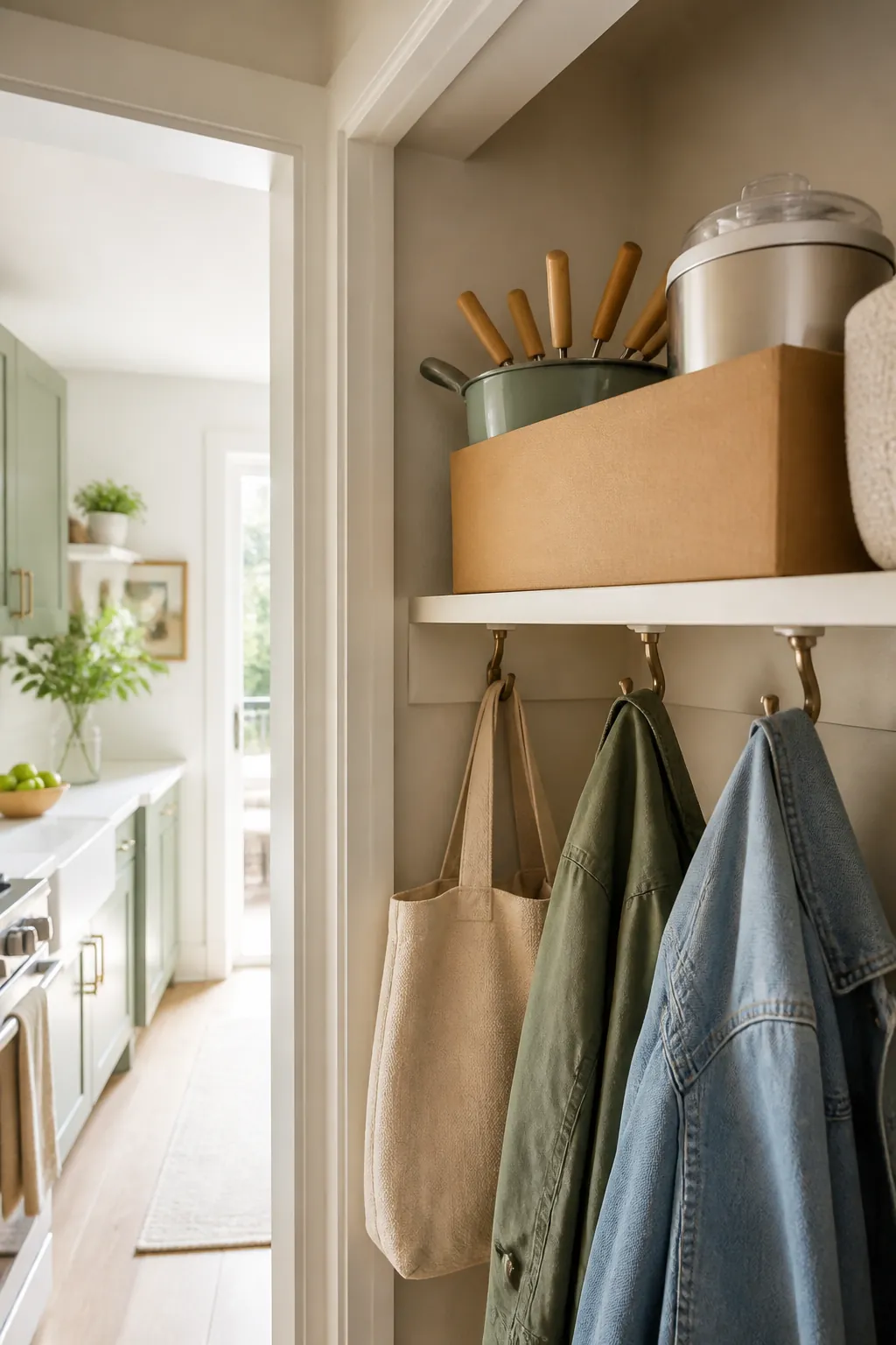 A labeled cardboard box holding a fondue set and ice cream maker on a hall closet's top shelf.