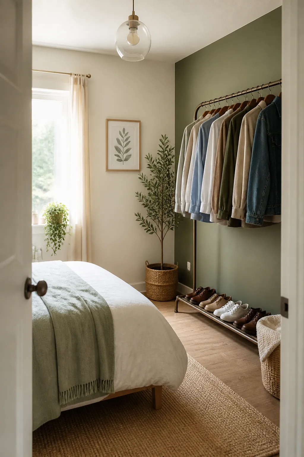 A freestanding garment rack against a bedroom wall with clothes hanging and shoes lined beneath