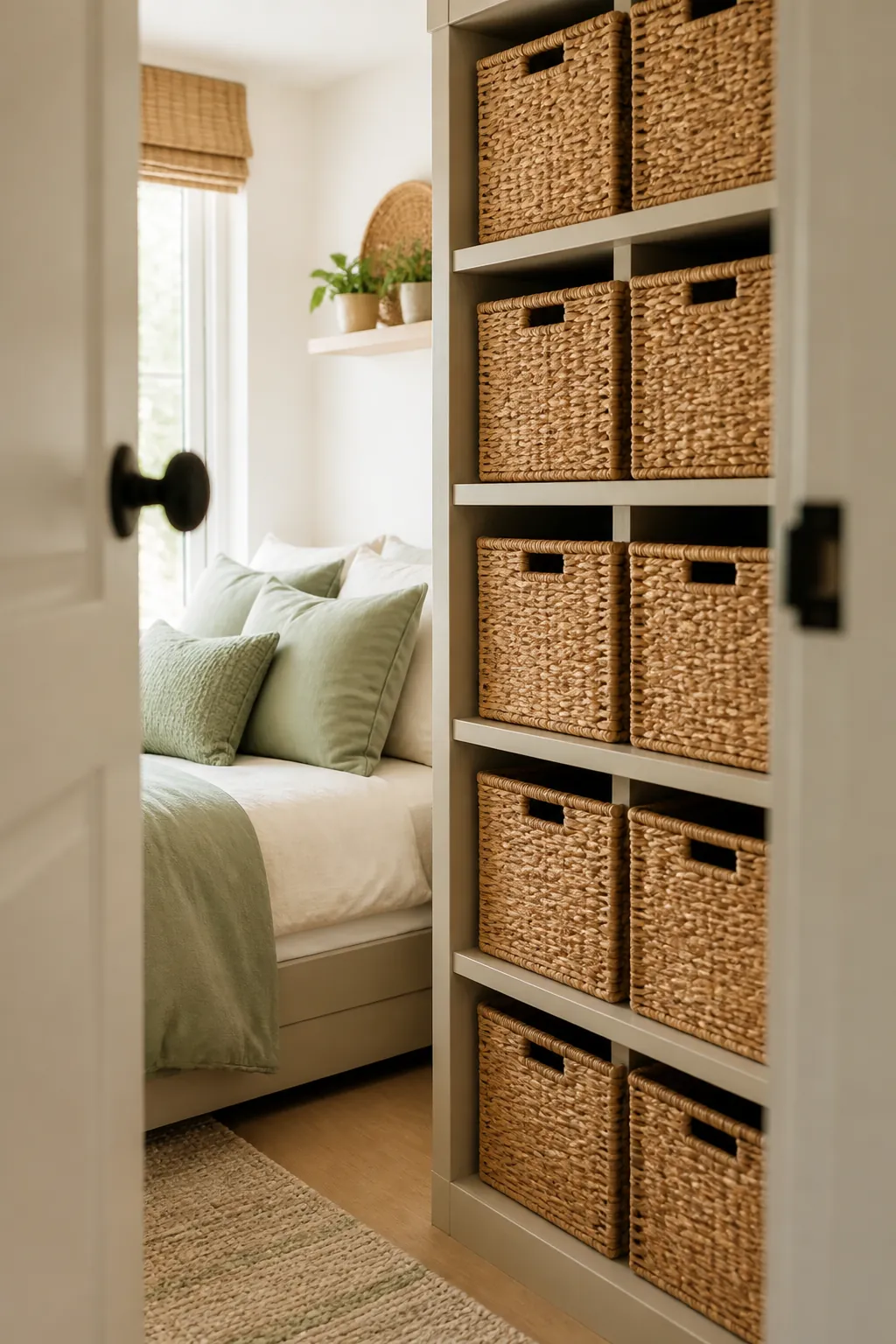 An open bedroom shelf unit filled with identical woven baskets arranged in a tidy grid