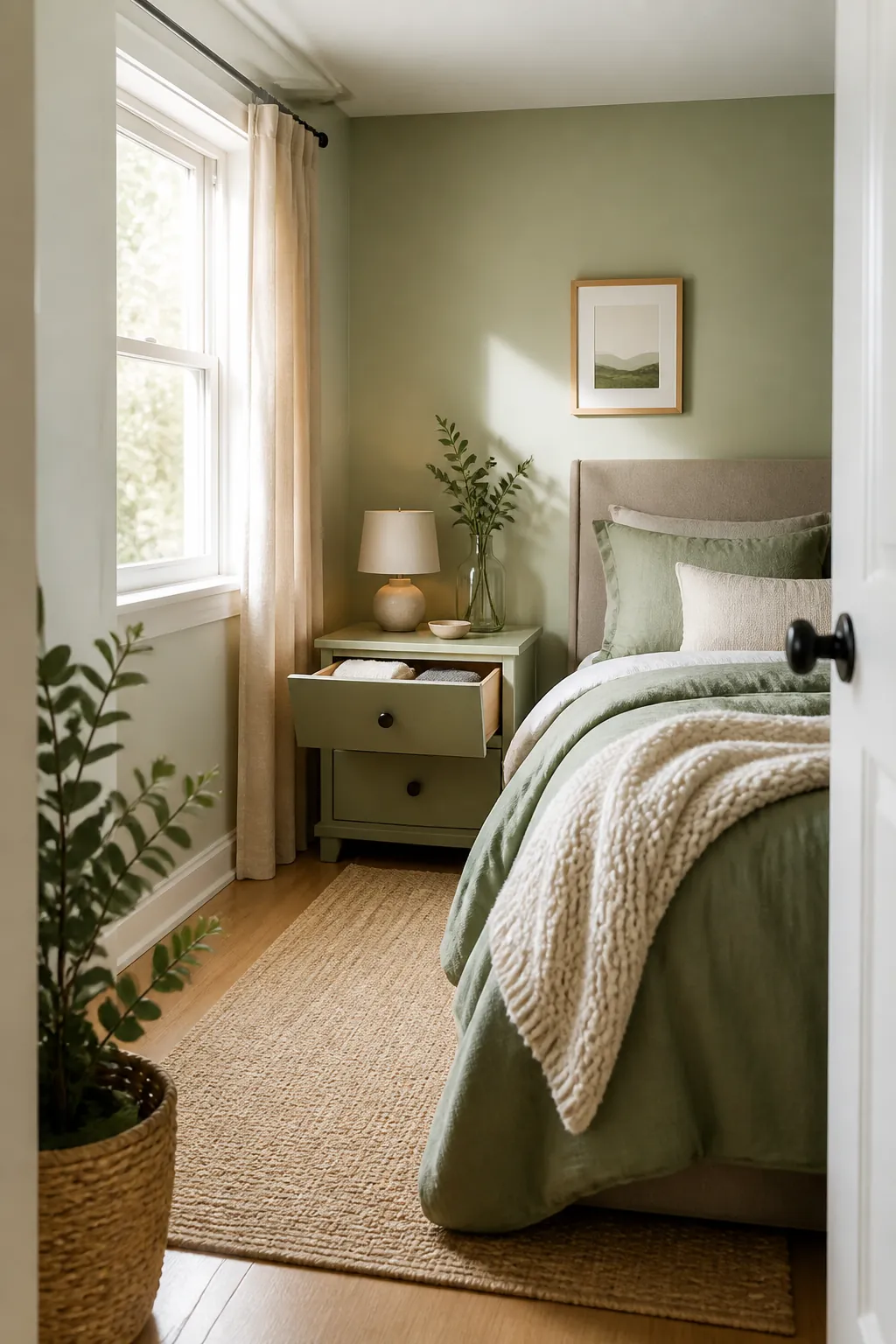 A slim two-drawer nightstand beside a bed with its top drawer open showing folded items