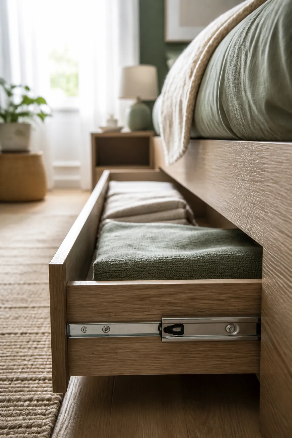 A platform bed with a built-in side drawer pulled open showing folded clothes inside