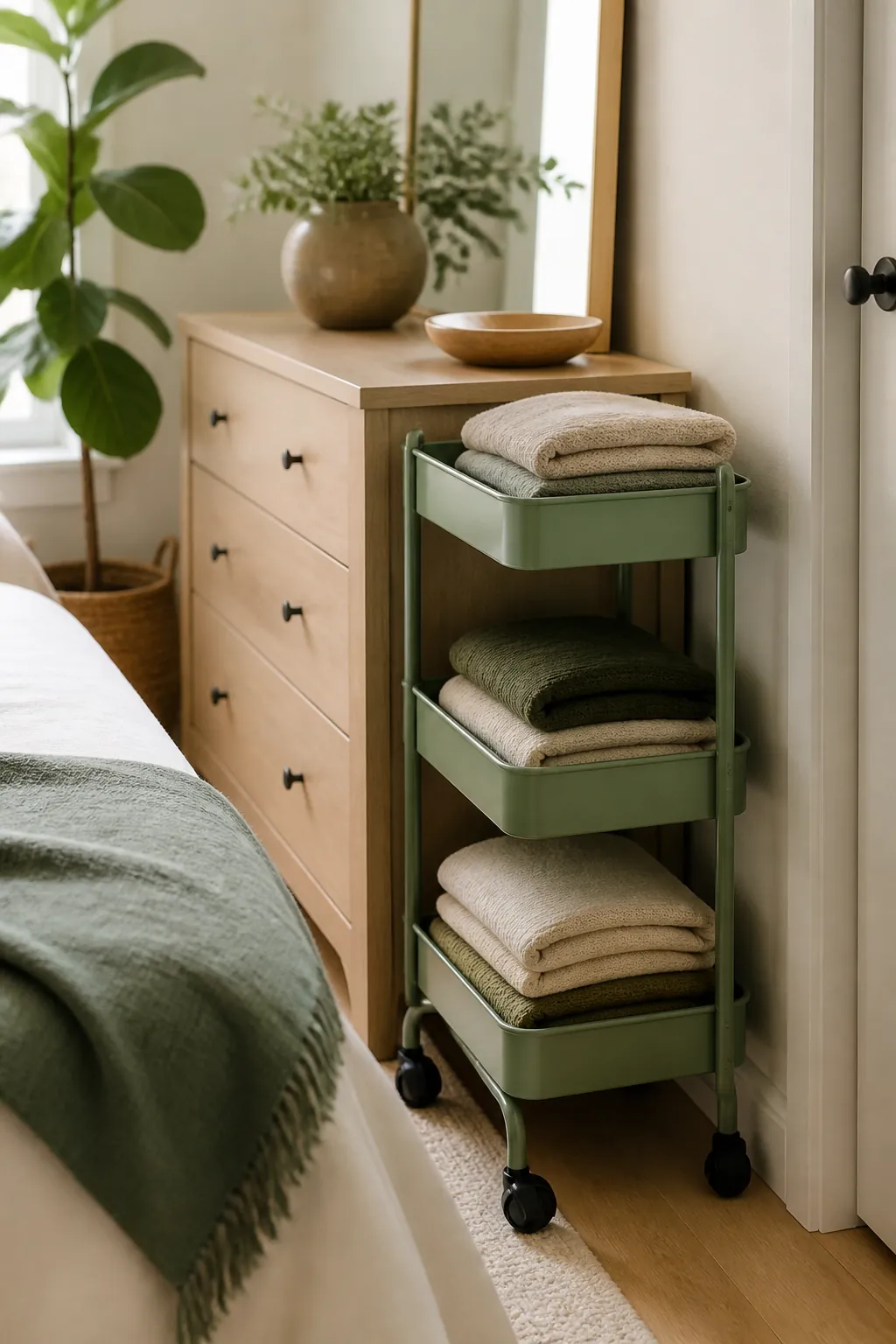 A narrow three-tier rolling cart in the slot between a dresser and the wall
