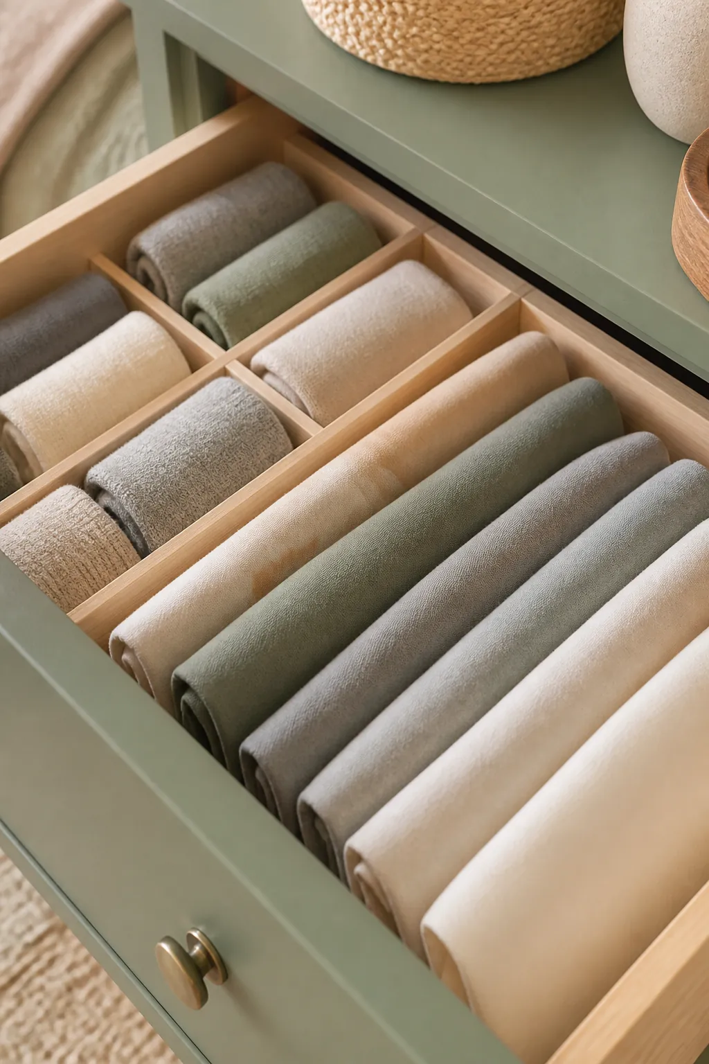 An open dresser drawer with dividers holding socks and folded tees upright in lanes